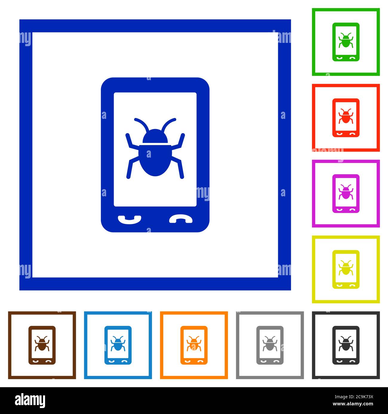 Malicious mobile software flat color icons in square frames on white background Stock Vector
