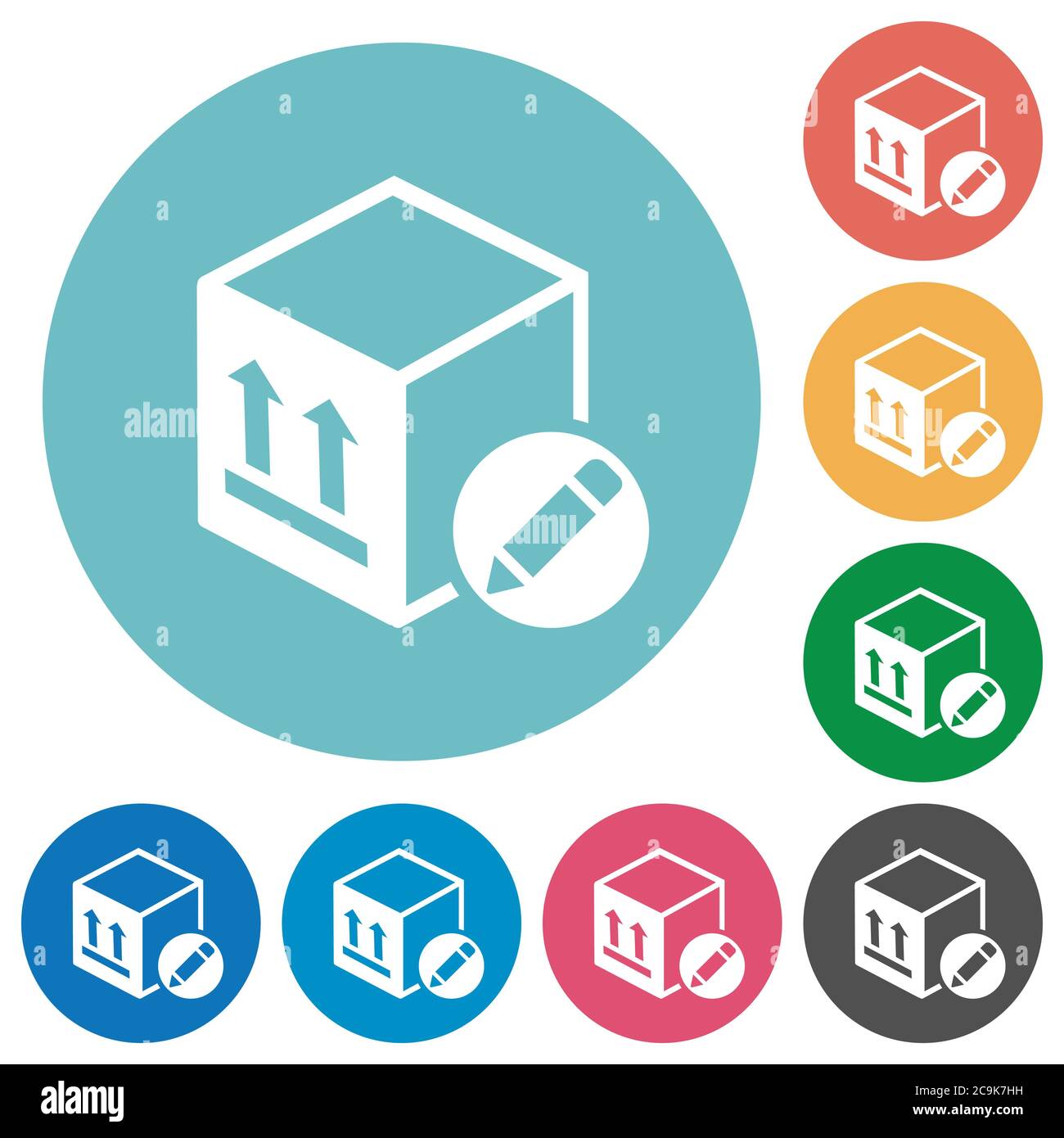 Package edit flat white icons on round color backgrounds Stock Vector