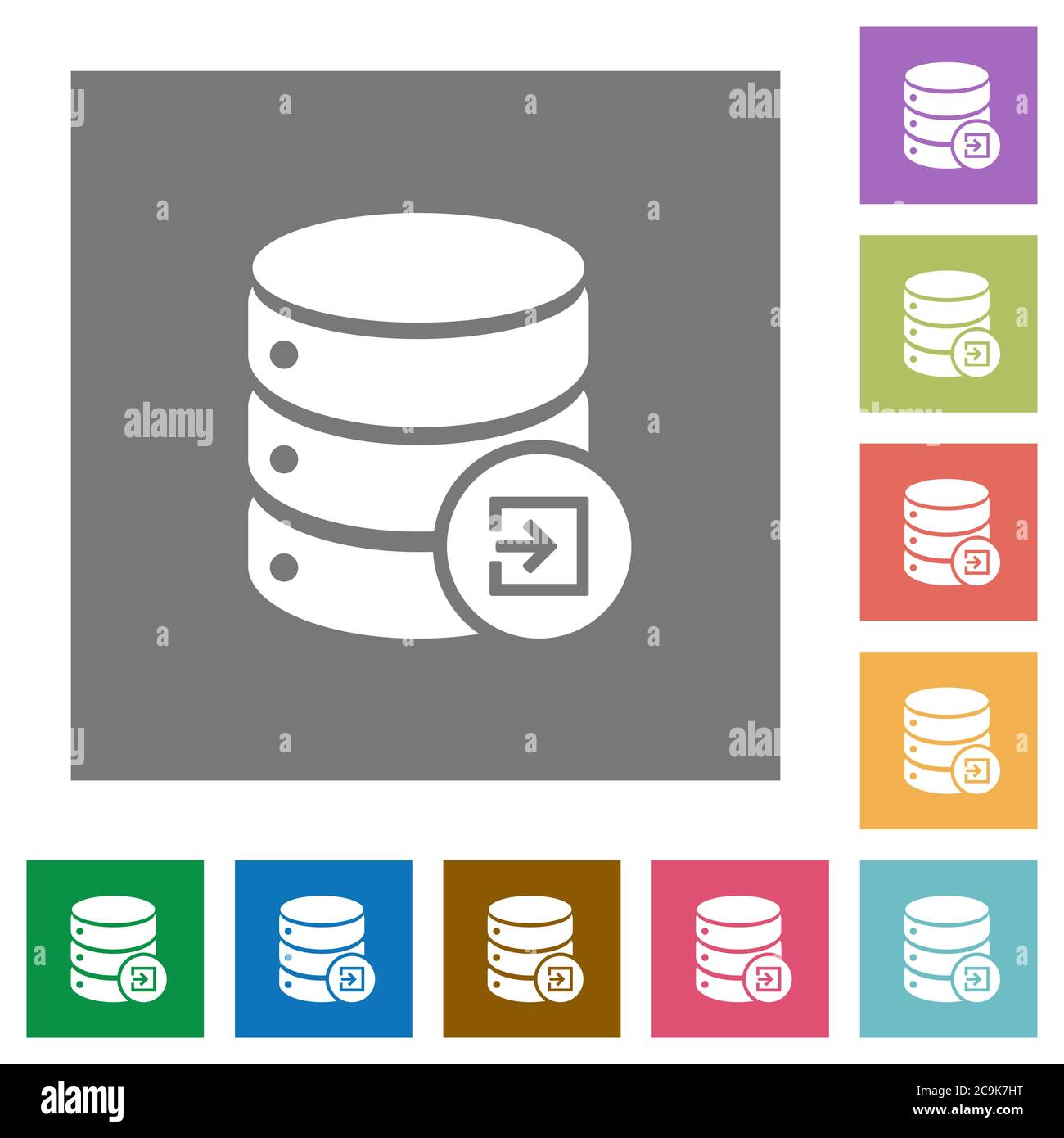 Import database flat icons on simple color square backgrounds Stock Vector