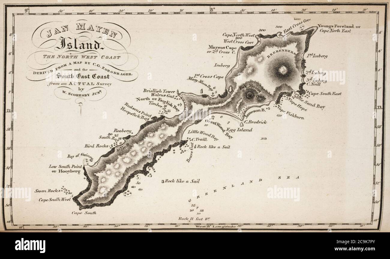 Jan Mayen map 1820 by William Scoresby. Stock Photo