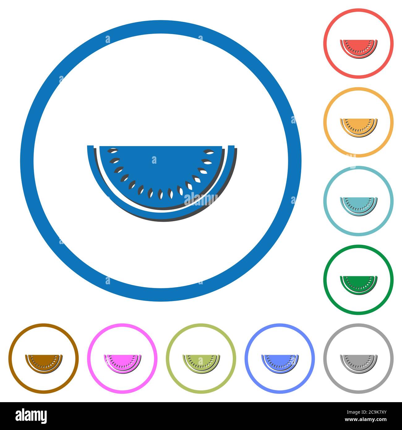 Slice of watermelon flat color vector icons with shadows in round ...