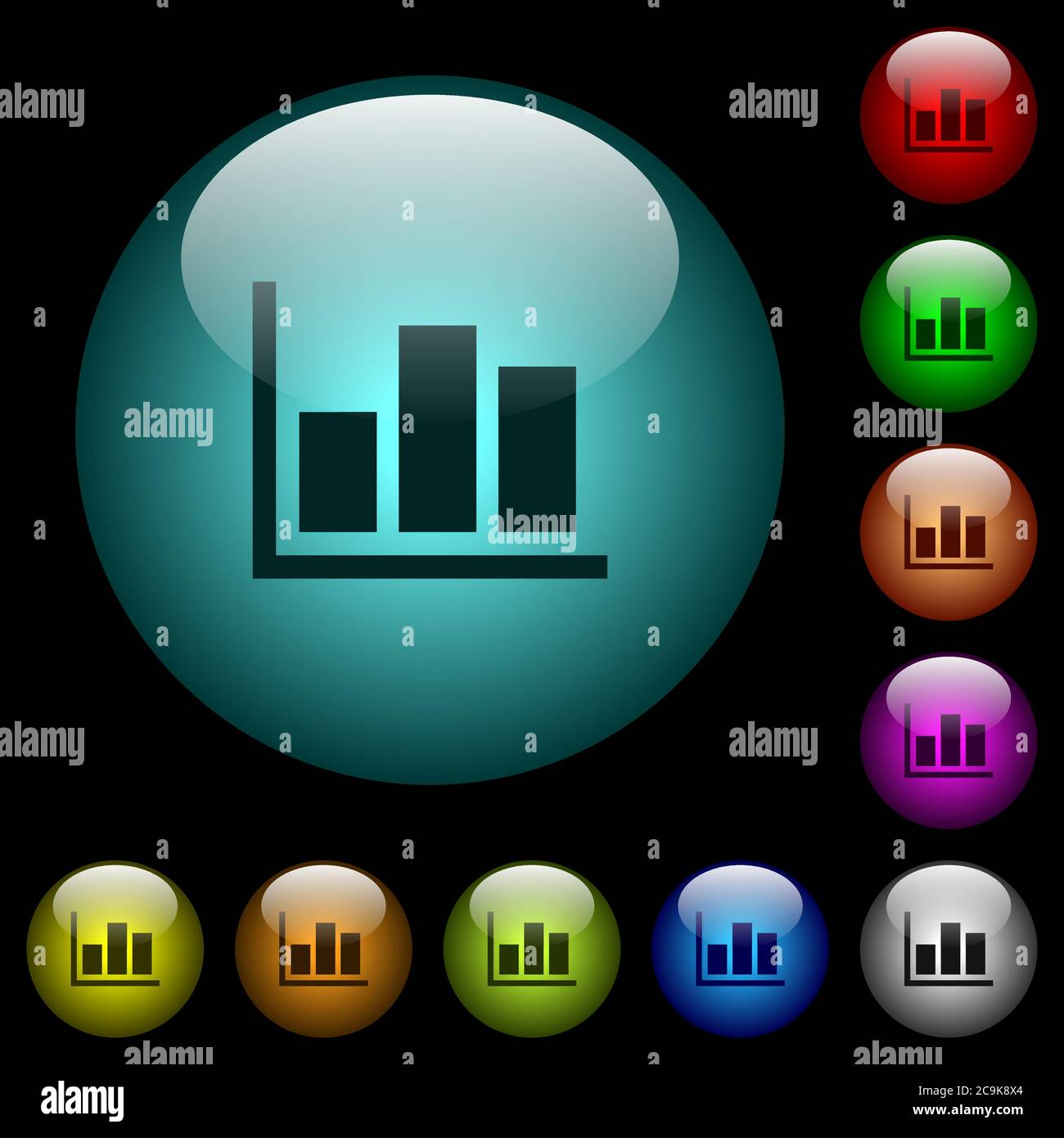 Statistics icons in color illuminated spherical glass buttons on black ...