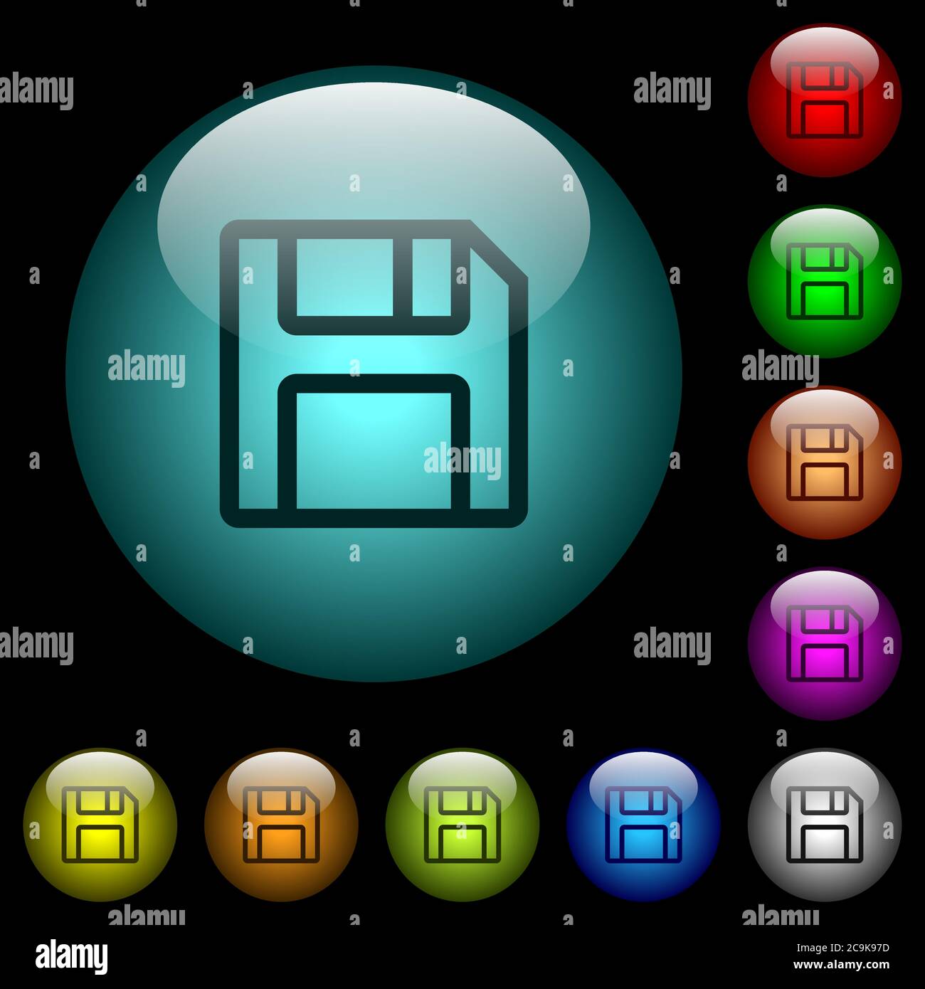 Floppy disk as save symbol icons in color illuminated spherical glass buttons on black background. Can be used to black or dark templates Stock Vector
