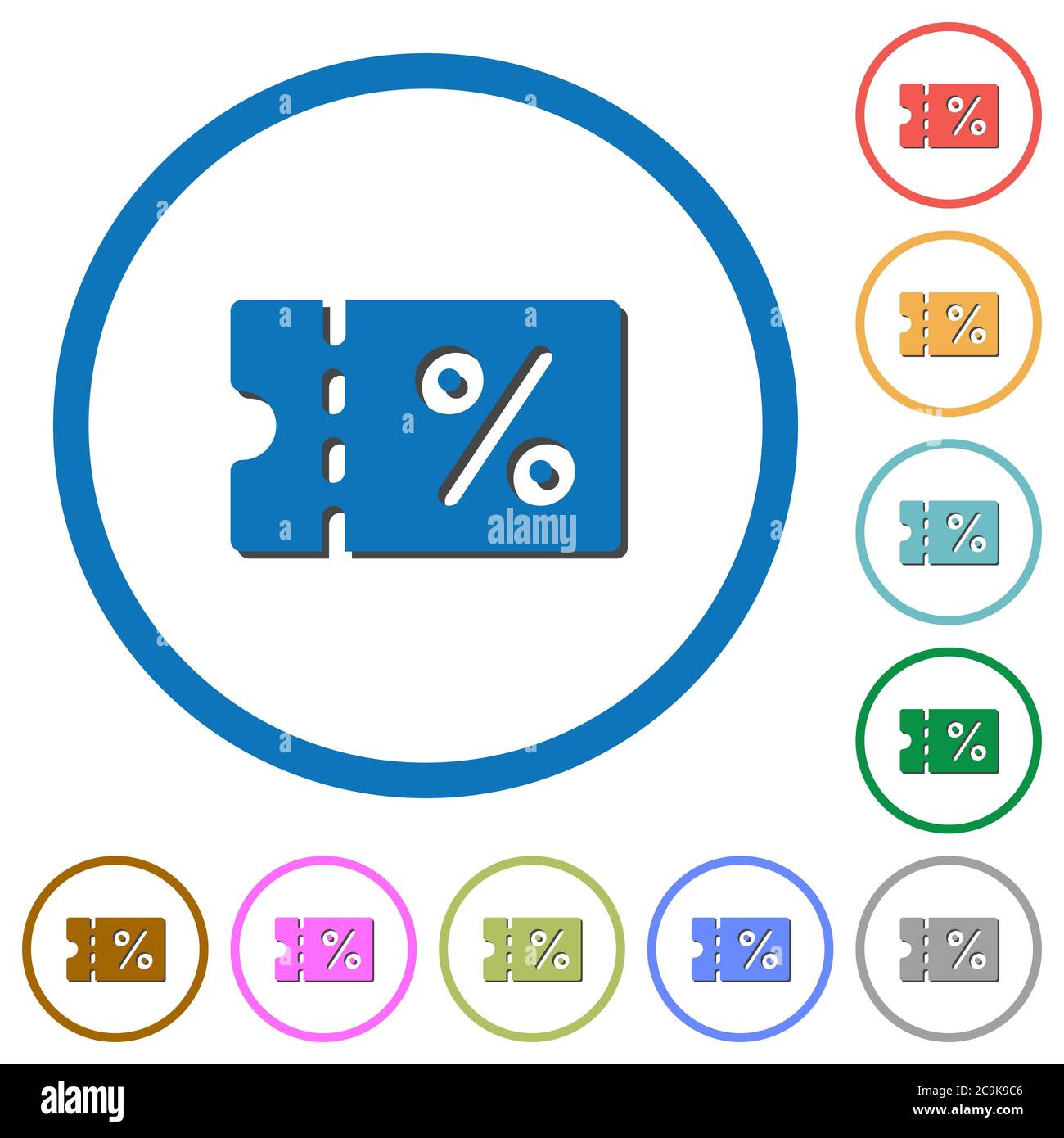 Coupon flat color vector icons with shadows in round outlines on white ...