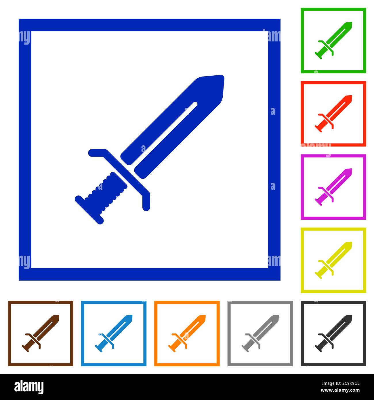 Sword flat color icons in square frames on white background Stock Vector