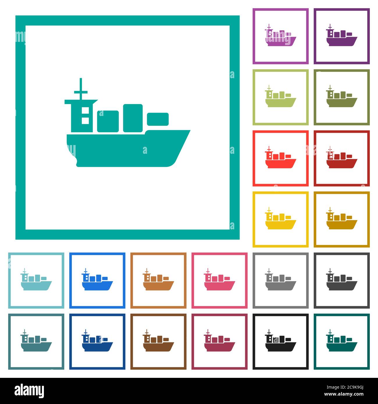 Sea transport flat color icons with quadrant frames on white background Stock Vector
