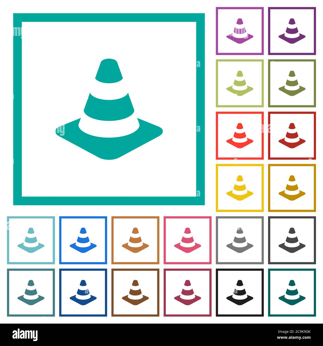 Traffic cone flat color icons with quadrant frames on white background Stock Vector