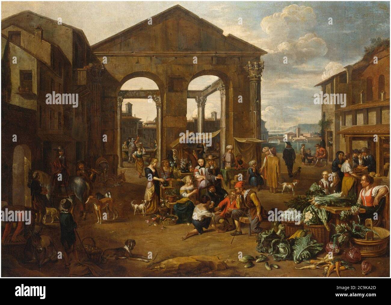 Jan van Buken - An Italianate Market Scene with Remnants of a Roman Temple with a Harbour Beyond. Stock Photo
