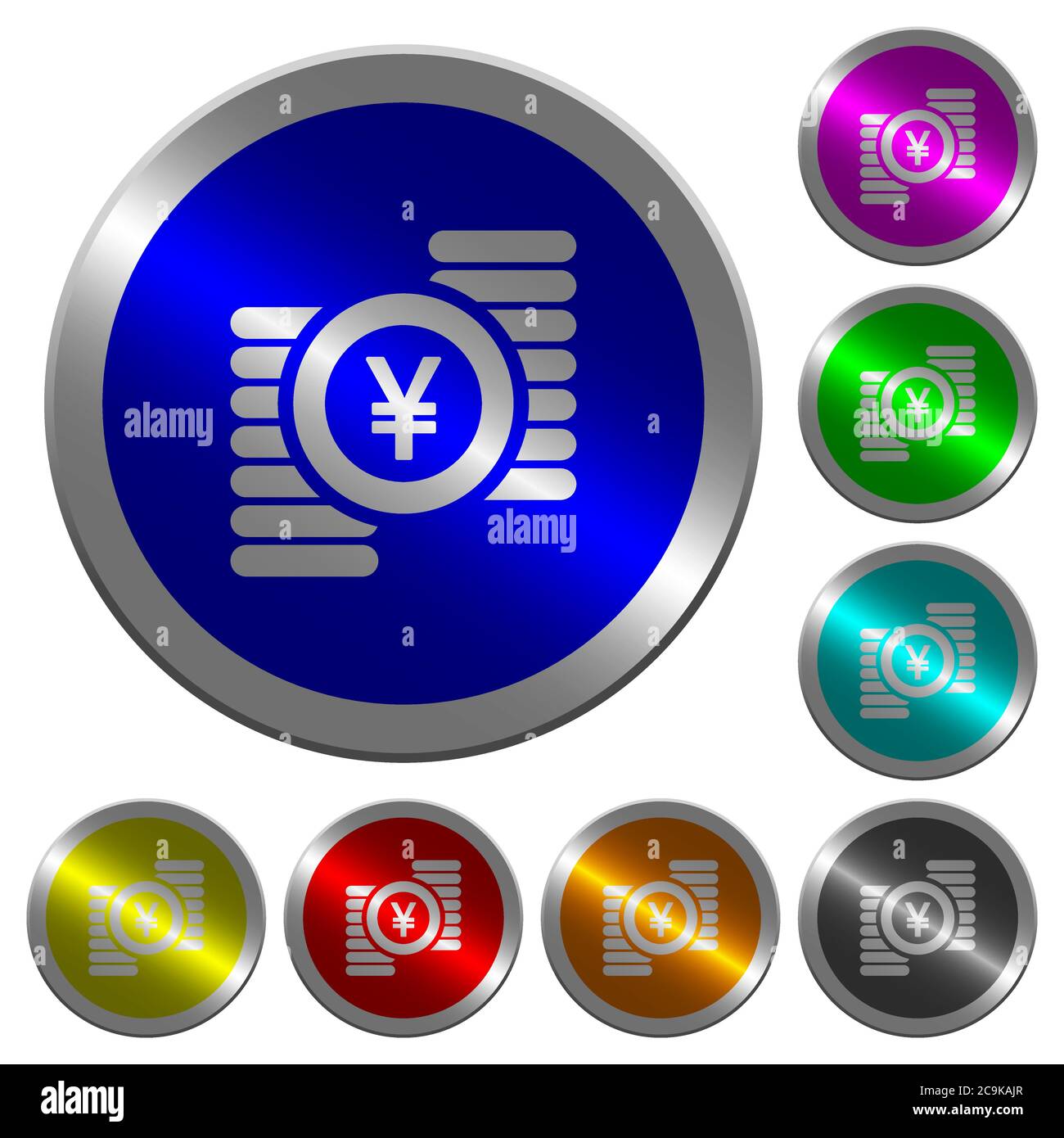 Yen coins icons on round luminous coin-like color steel buttons Stock ...