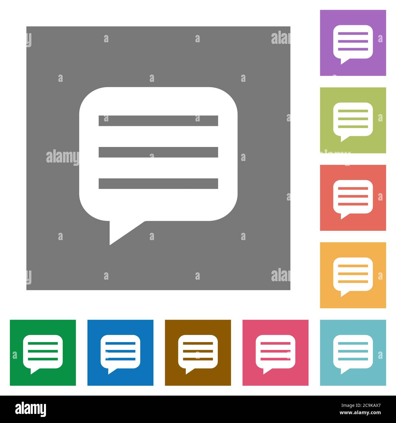 Message box with rows flat icons on simple color square backgrounds Stock Vector