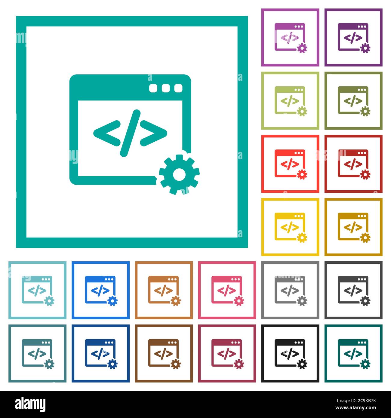 Web development flat color icons with quadrant frames on white ...