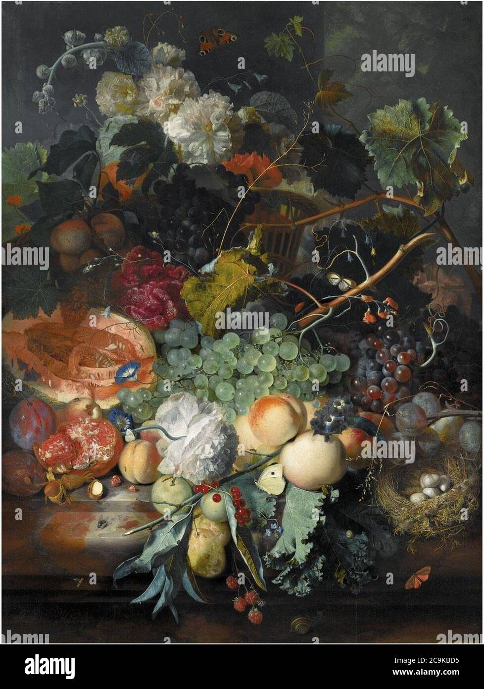 Jan van Huysum - Still life of fruit upon a marble ledge, a bird's nest ...