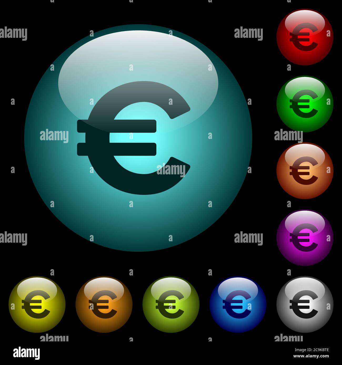 Euro sign icons in color illuminated spherical glass buttons on black ...