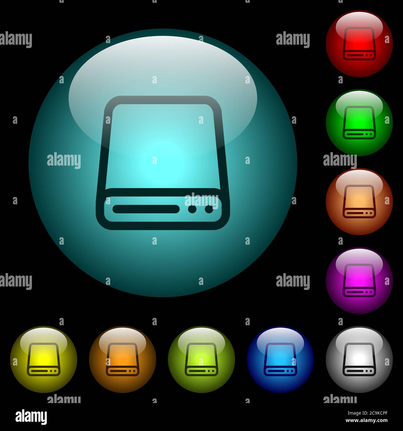 Hard disk drive icons in color illuminated spherical glass buttons on black background. Can be used to black or dark templates Stock Vector