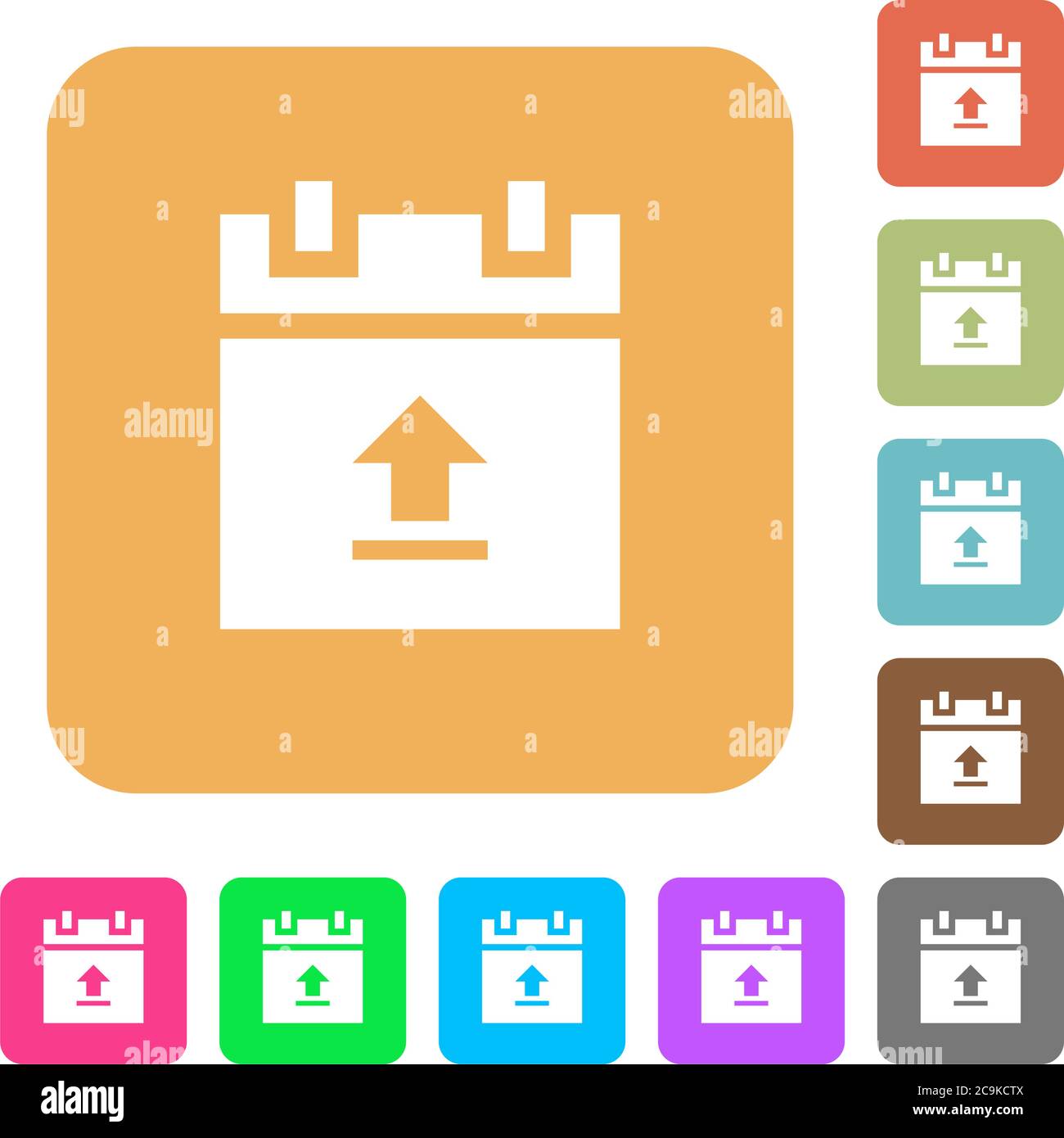 Upload schedule data flat icons on rounded square vivid color backgrounds. Stock Vector
