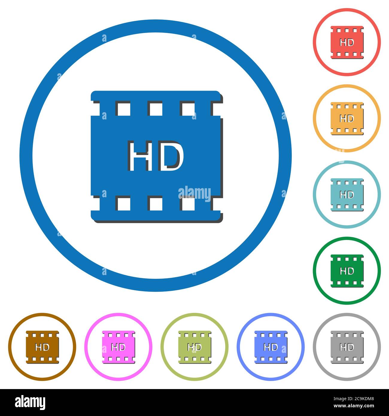 HD movie format flat color vector icons with shadows in round outlines ...