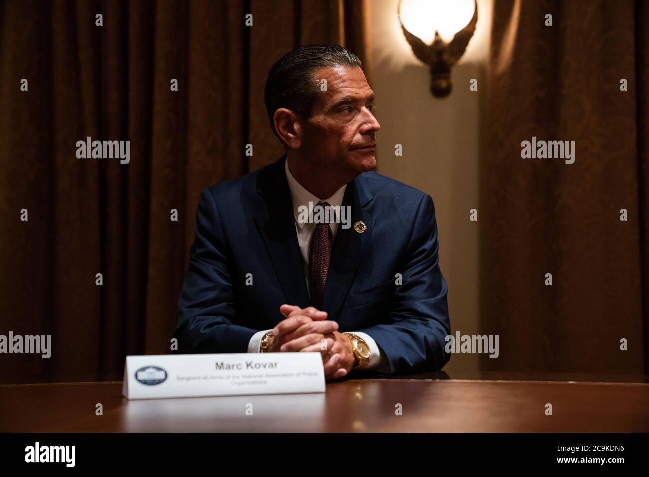 Marc Kovar, Sergeant-at-Arms, National Association of Police Organizations,  speaks during a meeting between President Donald Trump and members of the  National Association of Police Organizations Leadership in the Cabinet Room  of the