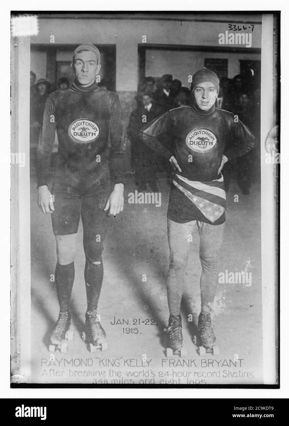 Jan. 21-22, 1915 - Raymond ‘King‘ Kelly, Frank Bryant - After breaking the World's 24 hour record skating 348 miles and 8 laps (on the ice - Duluth) Stock Photo