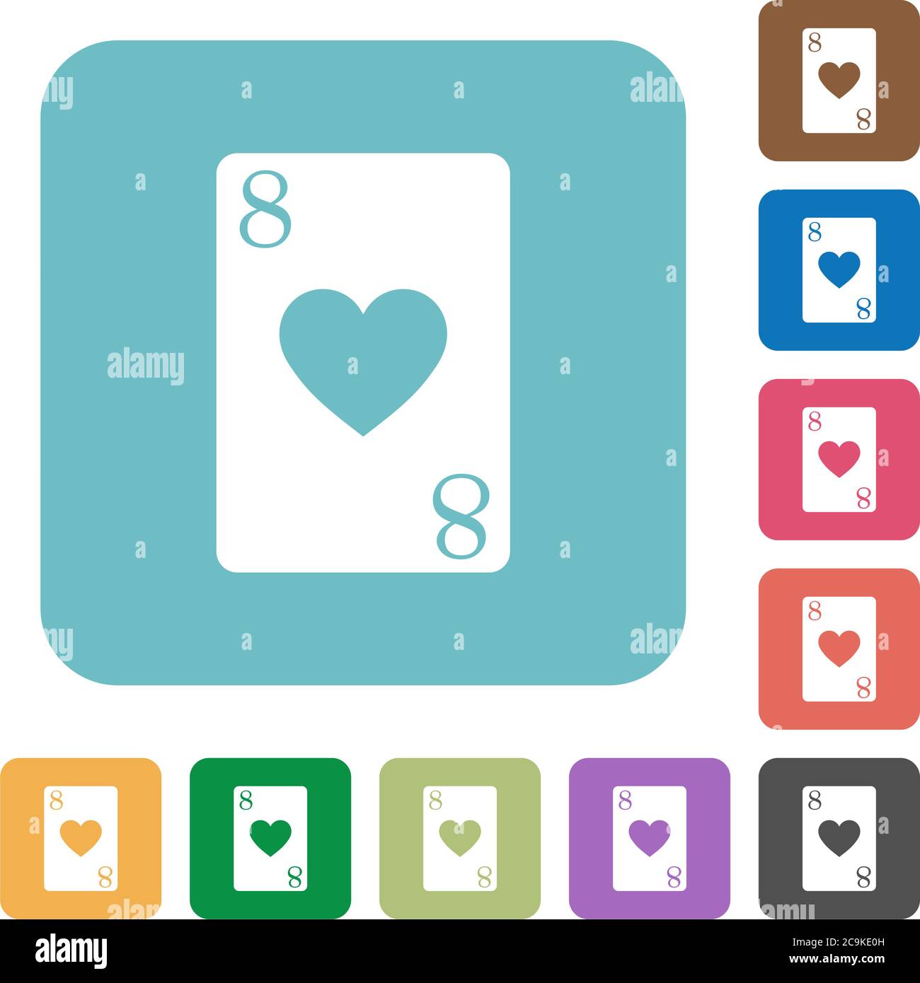 Eight of hearts card white flat icons on color rounded square backgrounds Stock Vector