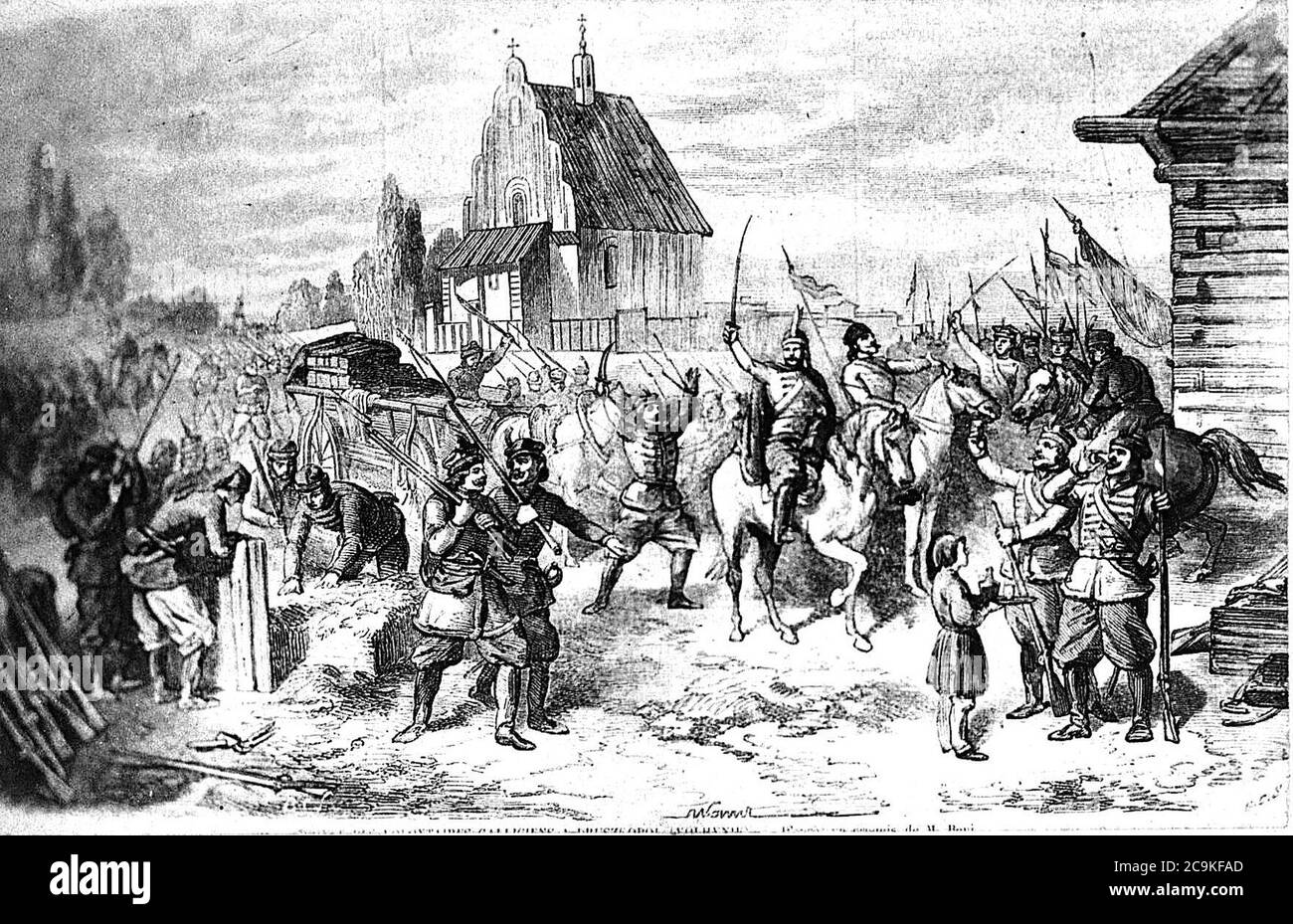 January Uprising insurgents entering Drużkopol in Wolhynia. Stock Photo