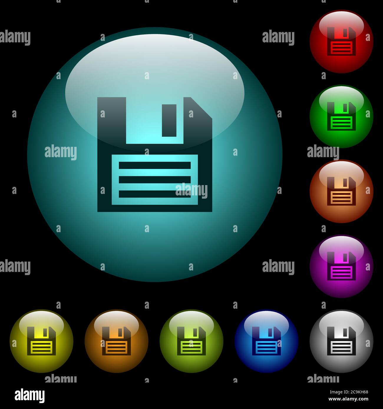 Floppy disk with vignette icons in color illuminated spherical glass buttons on black background. Can be used to black or dark templates Stock Vector