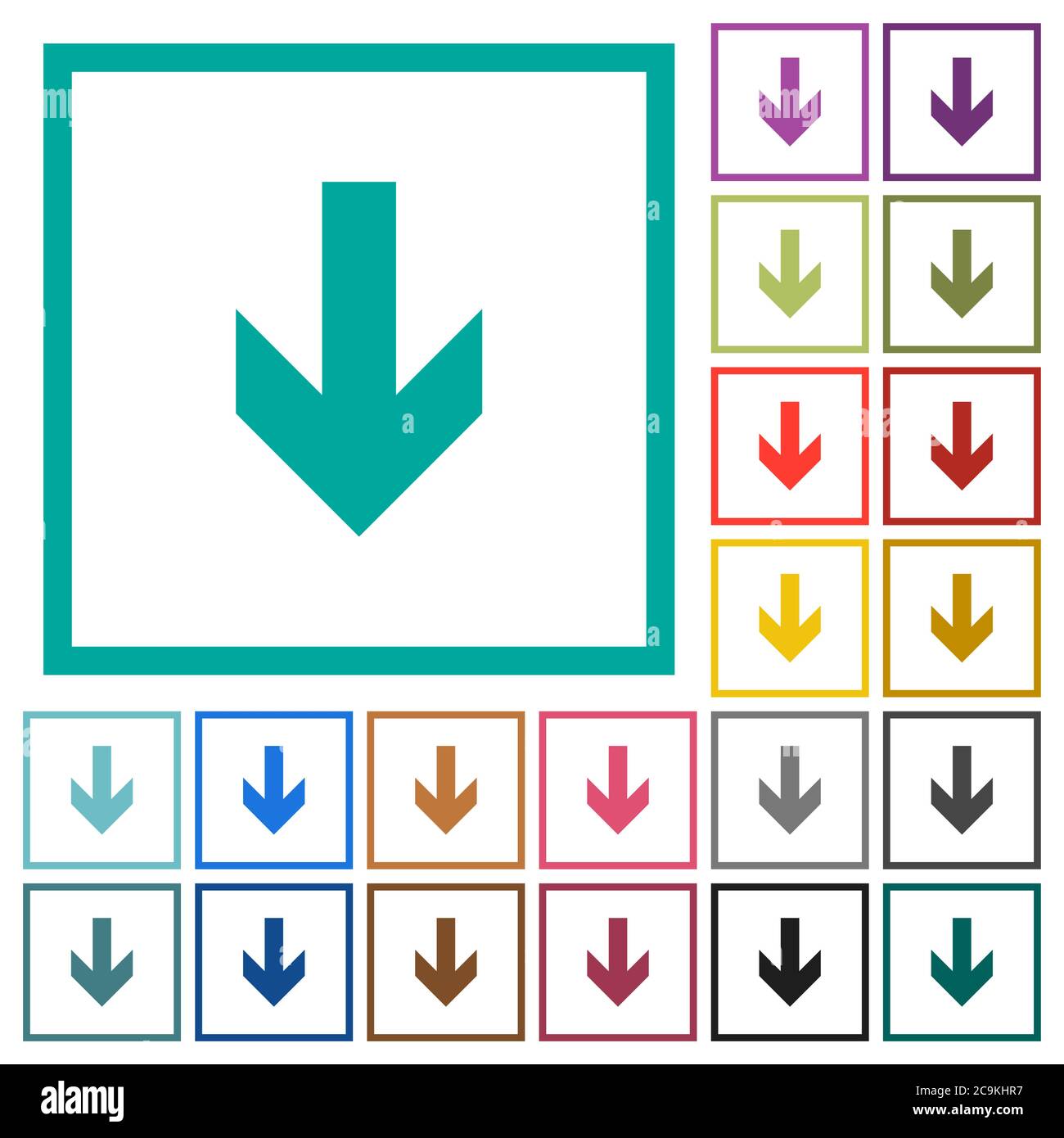 Down arrow flat color icons with quadrant frames on white background Stock Vector