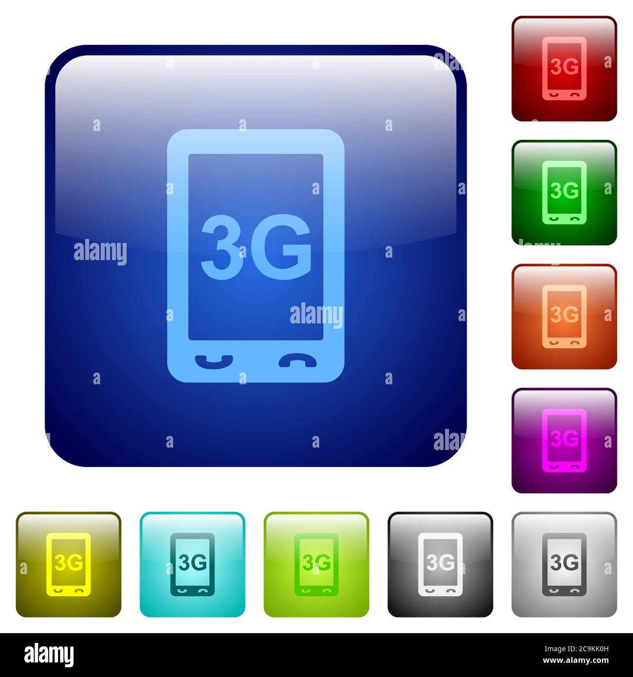 Third generation mobile connection speed icons in rounded square color glossy button set Stock Vector
