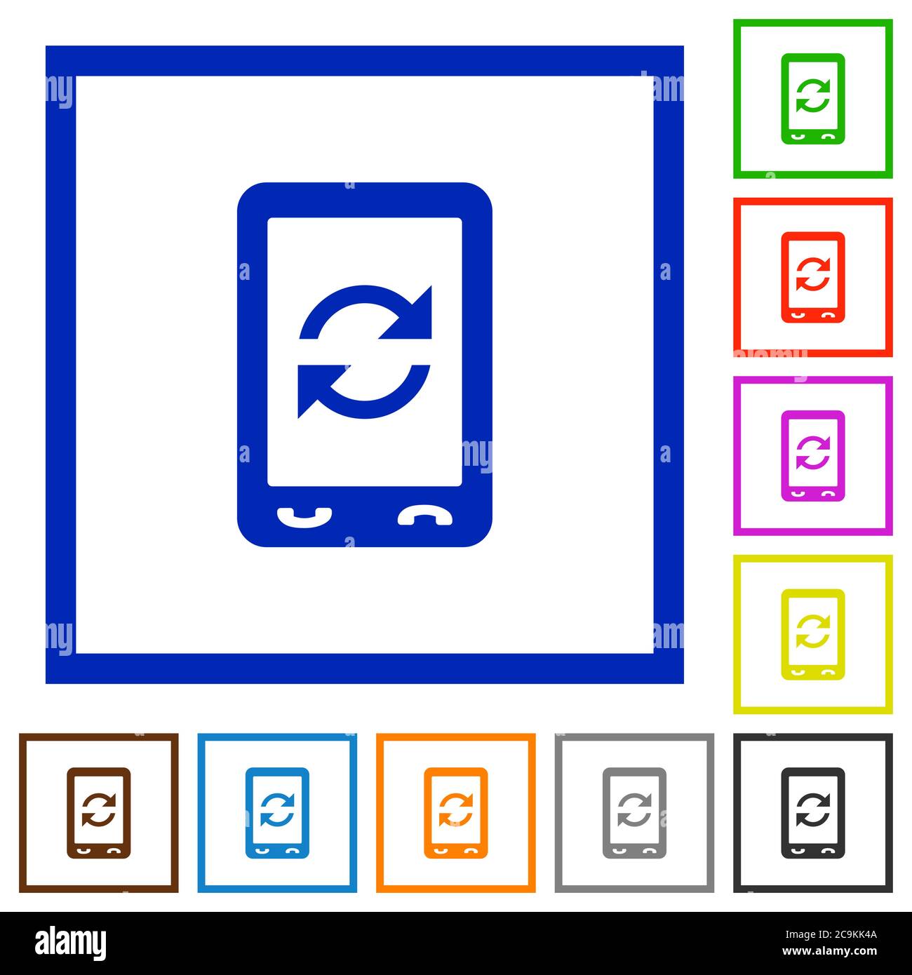 Mobile syncronize flat color icons in square frames on white background ...