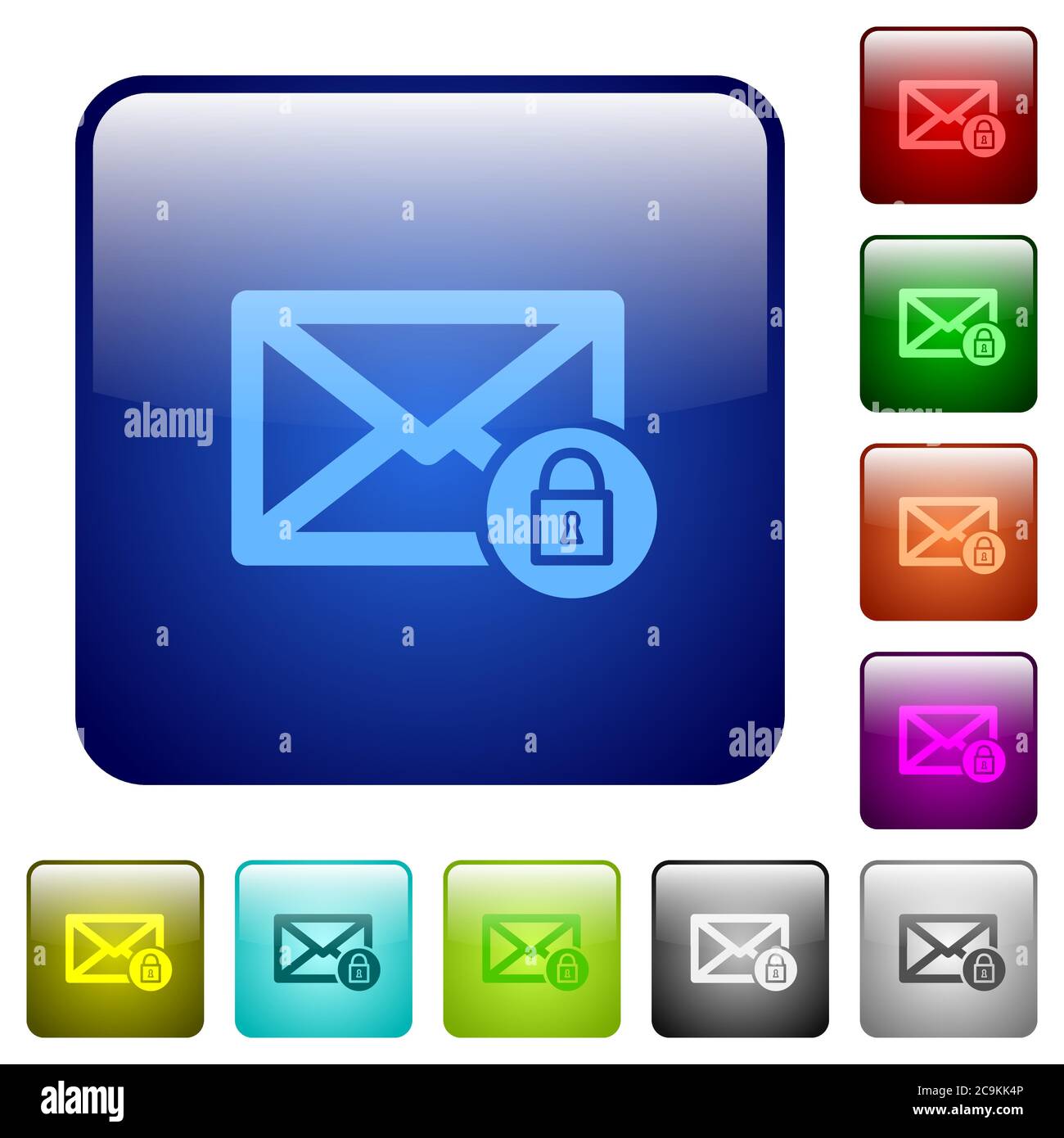 Lock mail icons in rounded square color glossy button set Stock Vector
