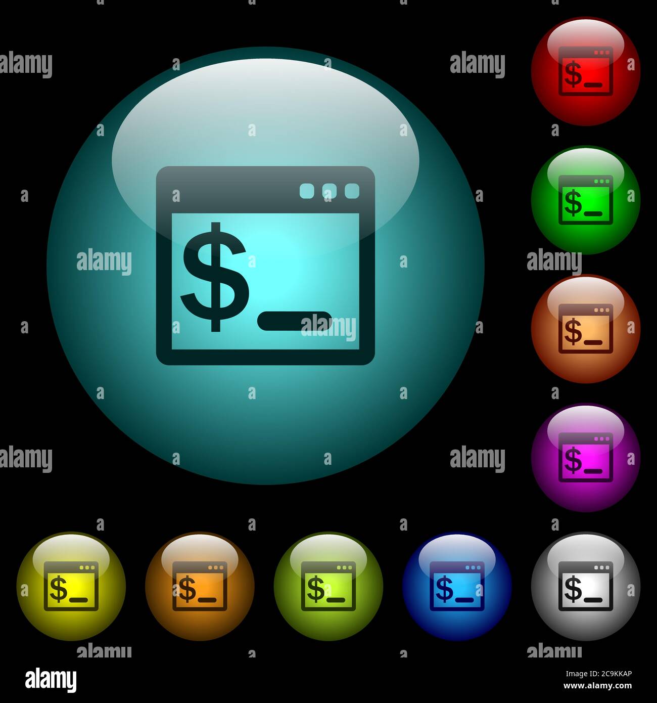 OS command terminal icons in color illuminated spherical glass buttons ...