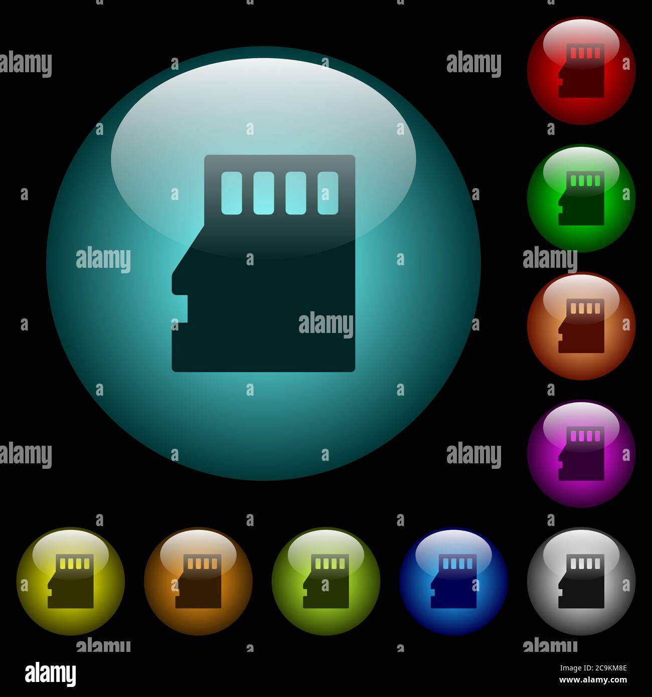 Micro SD memory card icons in color illuminated spherical glass buttons ...