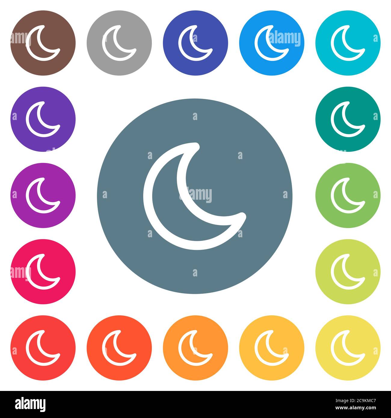 Moon shape flat white icons on round color backgrounds. 17 background ...