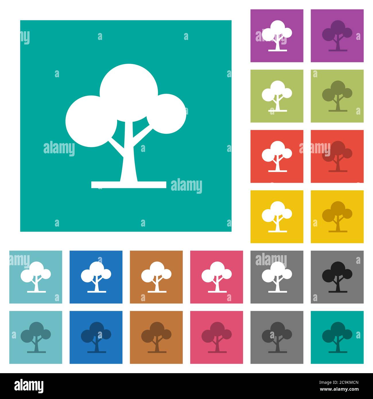 Leafy tree multi colored flat icons on plain square backgrounds. Included white and darker icon variations for hover or active effects. Stock Vector