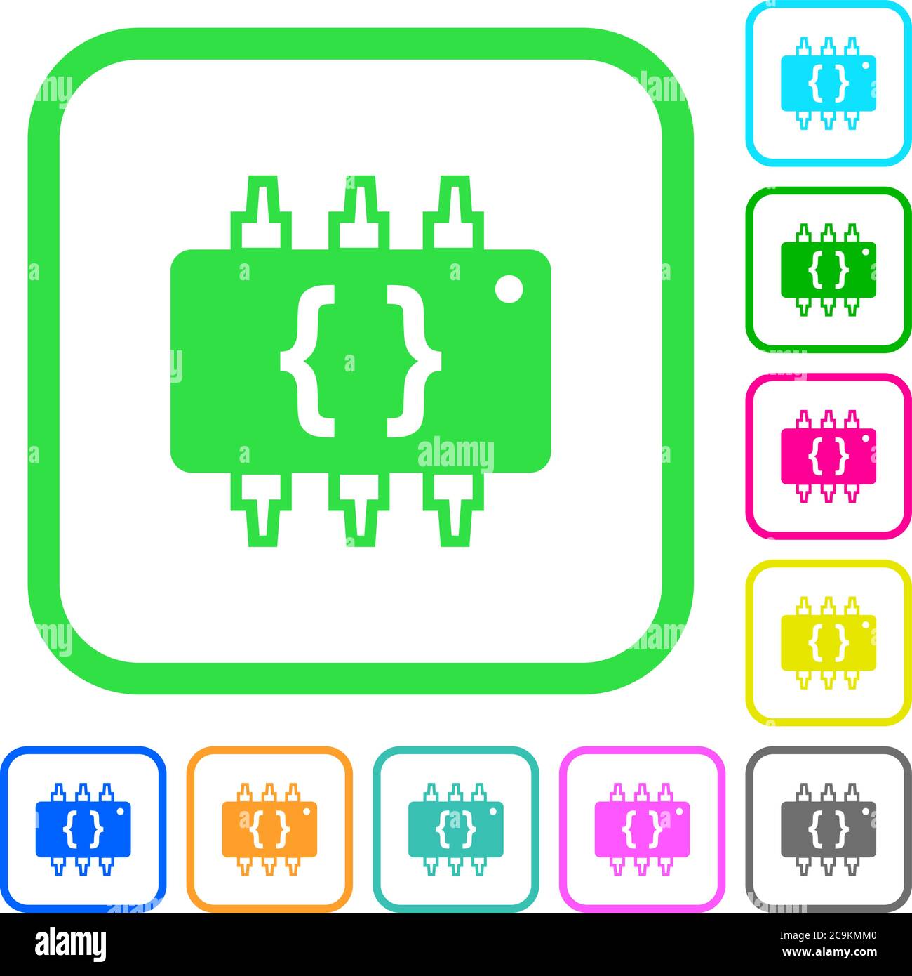 Hardware programming vivid colored flat icons in curved borders on white background Stock Vector