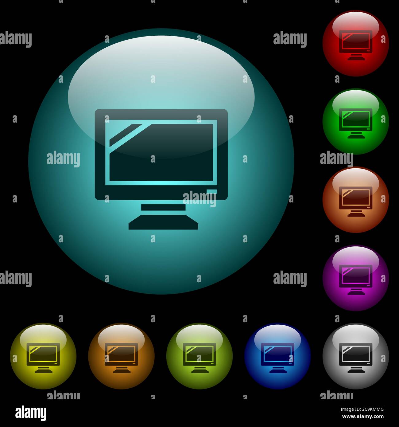 Monitor icons in color illuminated spherical glass buttons on black ...