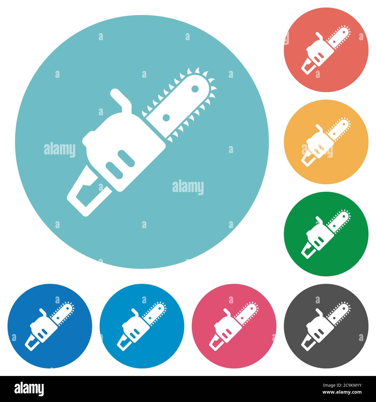 Chainsaw flat white icons on round color backgrounds Stock Vector