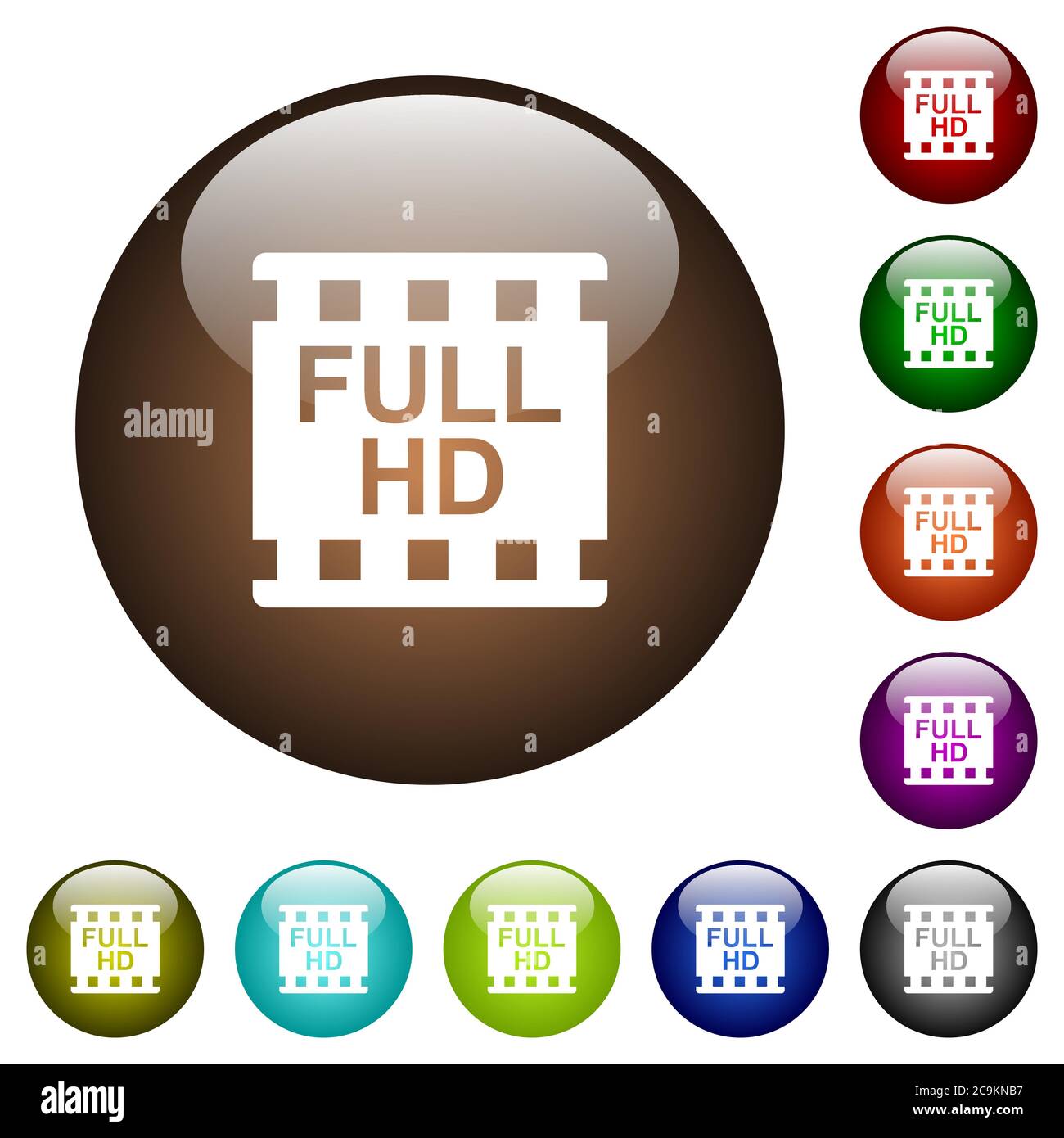 Full HD movie format white icons on round color glass buttons Stock Vector