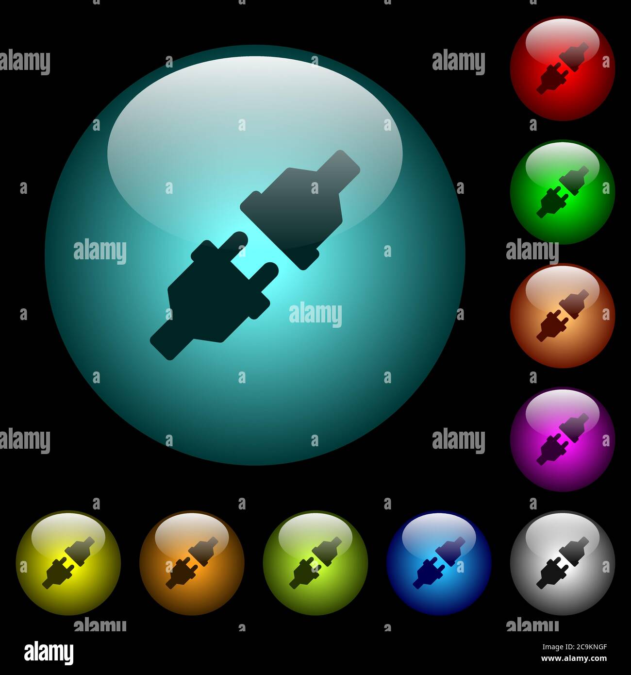 Unplugged power connectors icons in color illuminated spherical glass ...