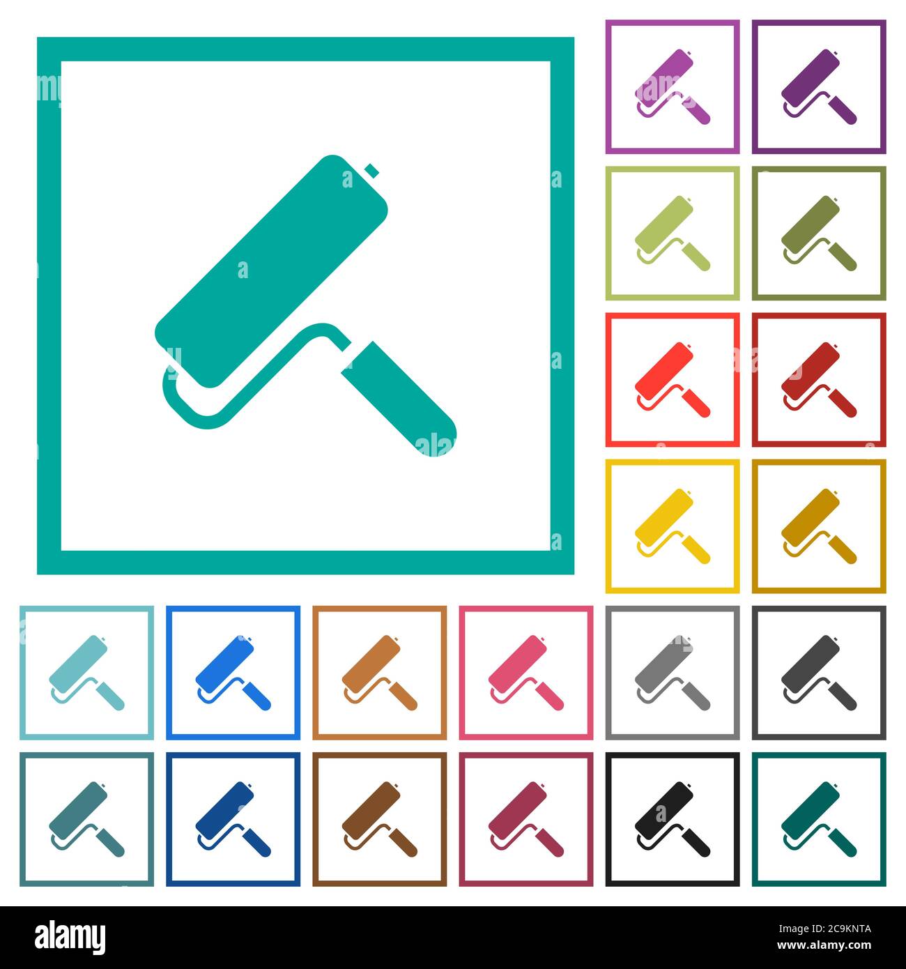 Paint roller flat color icons with quadrant frames on white background Stock Vector
