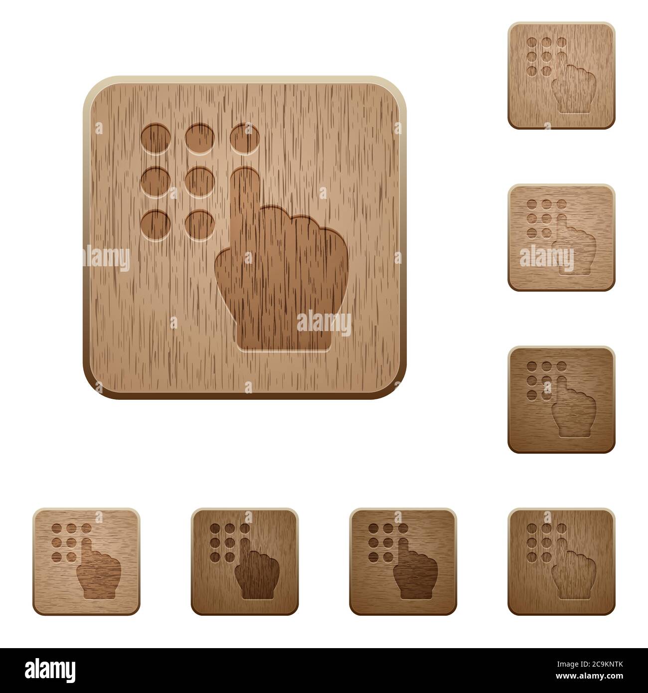 Typing security code on rounded square carved wooden button styles Stock Vector