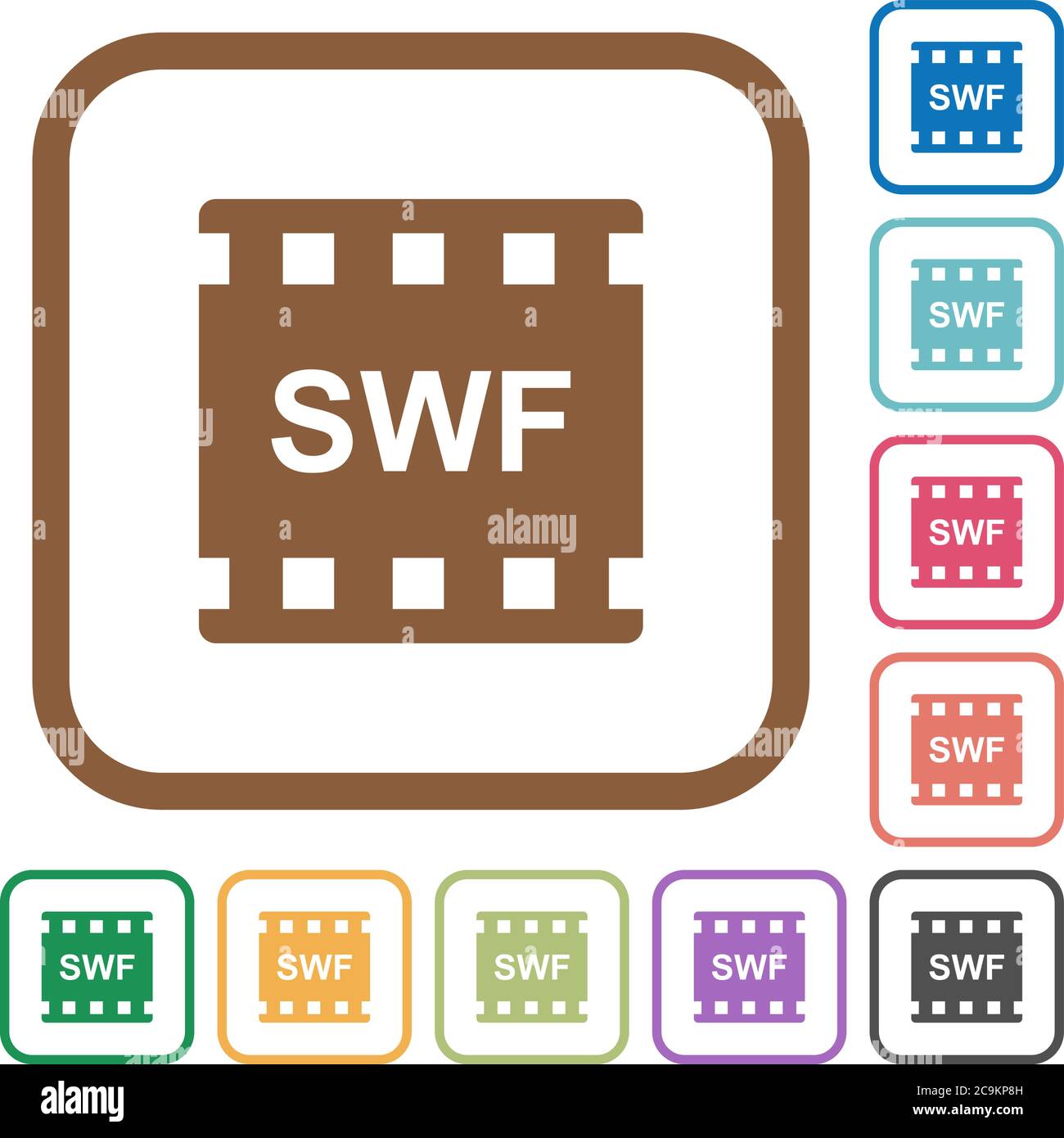 SWF movie format simple icons in color rounded square frames on white ...