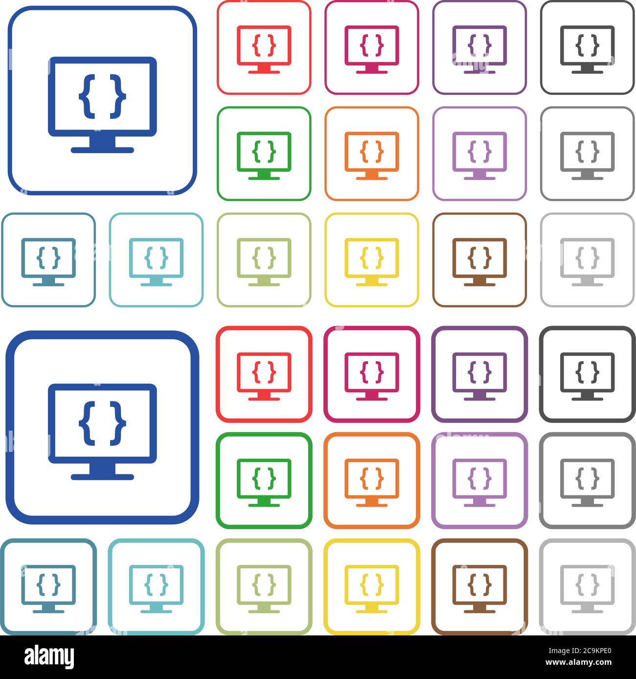 Developing application color flat icons in rounded square frames. Thin and thick versions included. Stock Vector