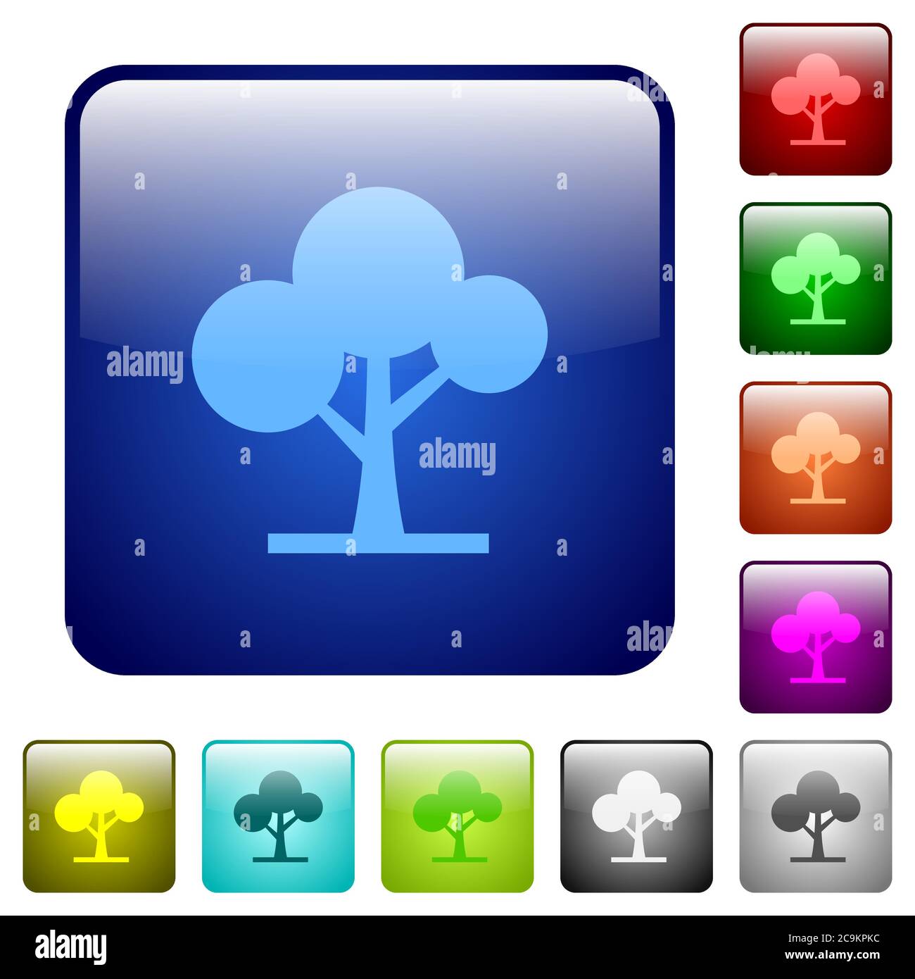 Leafy tree icons in rounded square color glossy button set Stock Vector