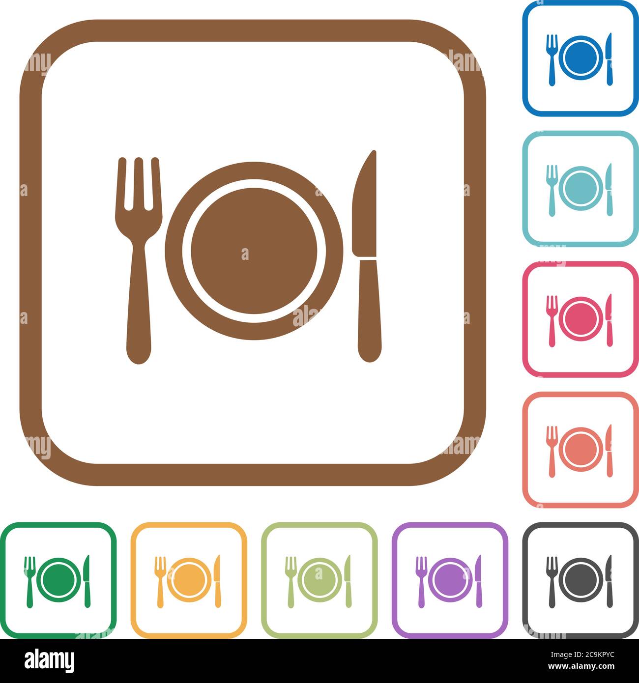 Dinner simple icons in color rounded square frames on white background ...