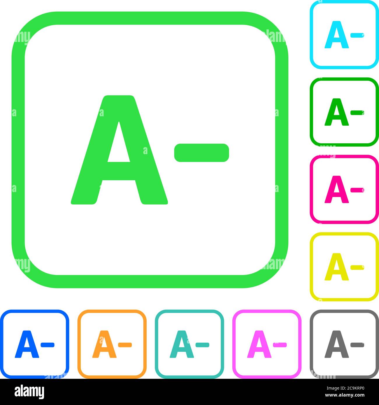 Decrease font size vivid colored flat icons in curved borders on white background Stock Vector