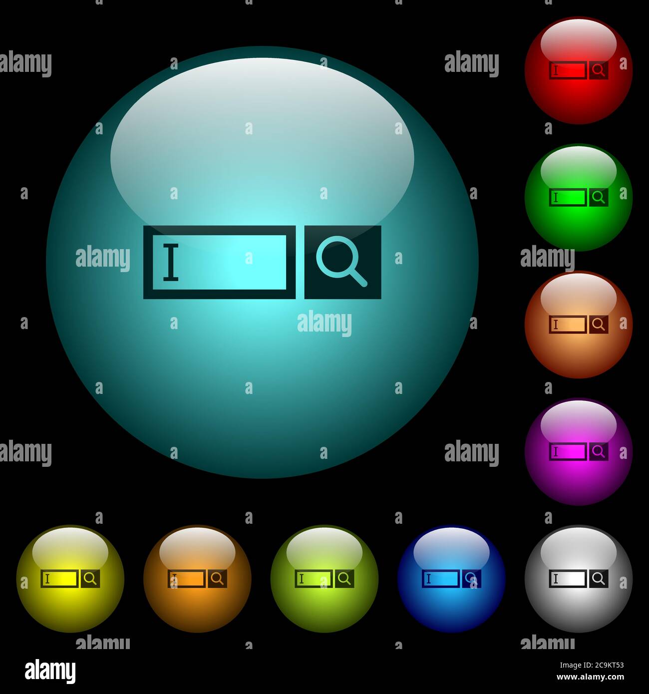 Search box with cursor icons in color illuminated spherical glass ...