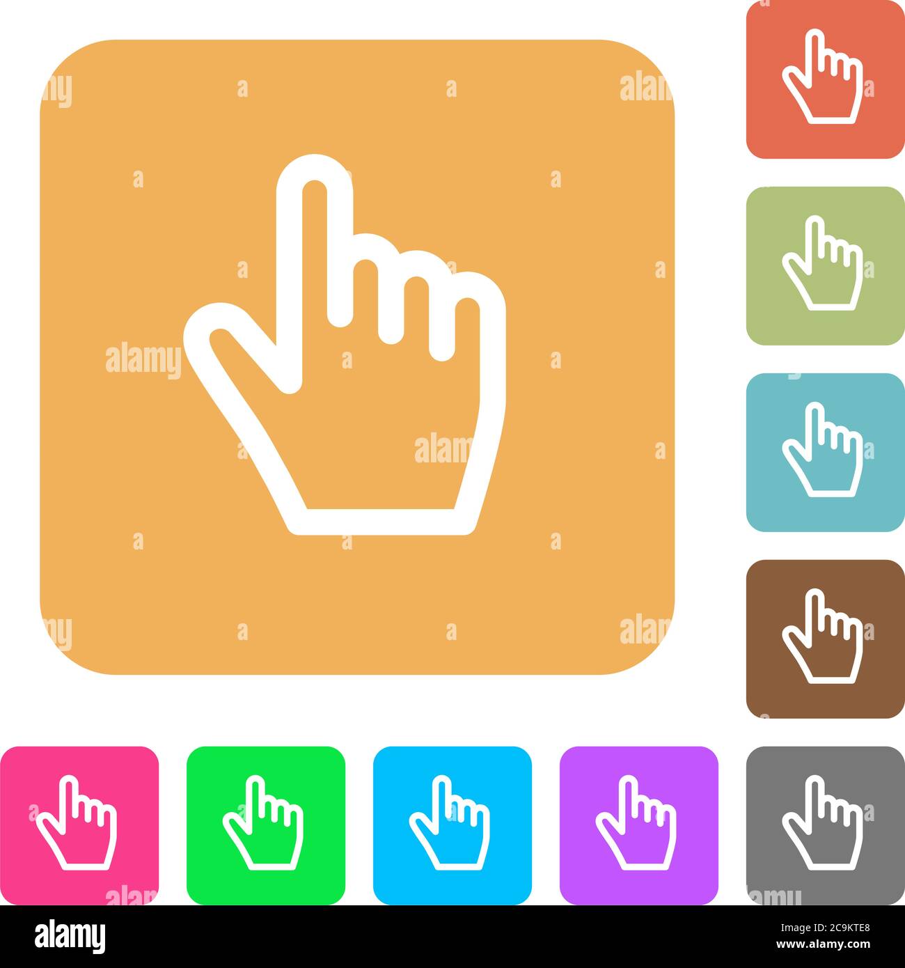 Hand cursor flat icons on rounded square vivid color backgrounds. Stock Vector