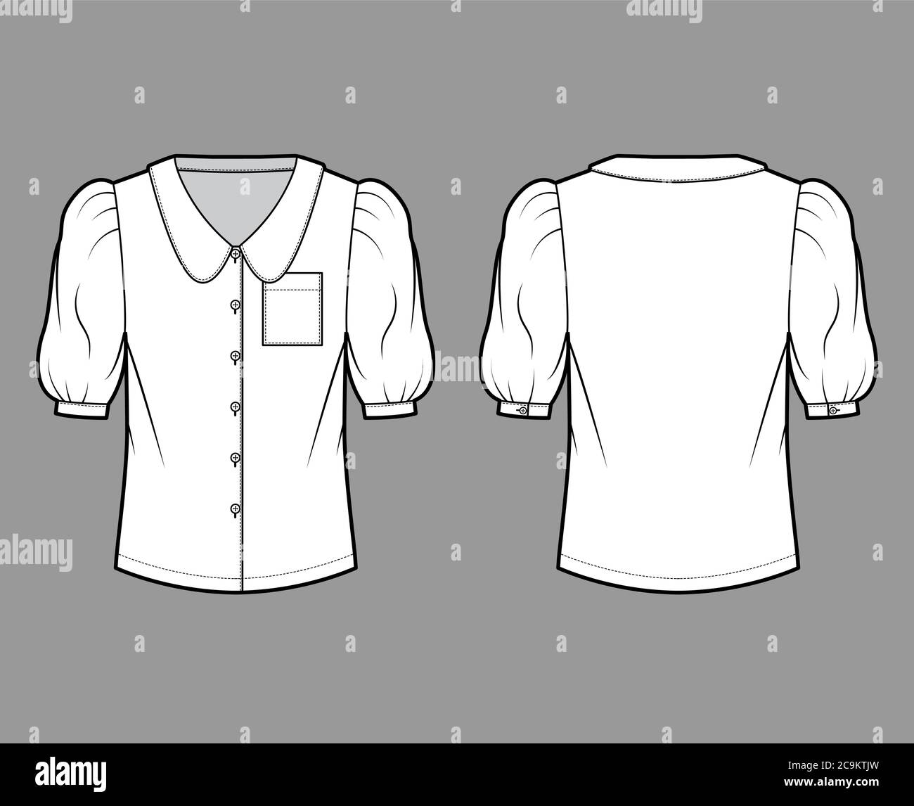 Scalloped collar shirt technical fashion illustration with elbow puff sleeve, front button-fastening, loose silhouette. Flat blouse apparel template front back, white color. Women, men unisex top CAD Stock Vector