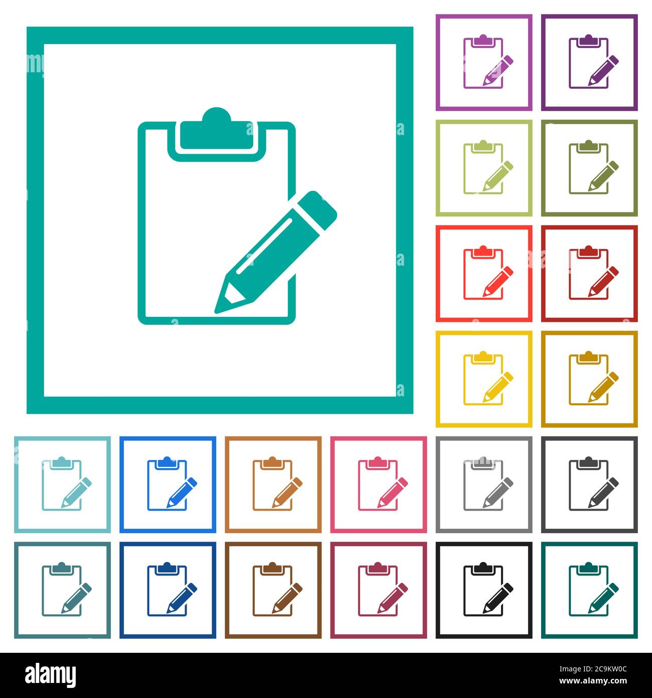 Blank notepad with pencil flat color icons with quadrant frames on white background Stock Vector