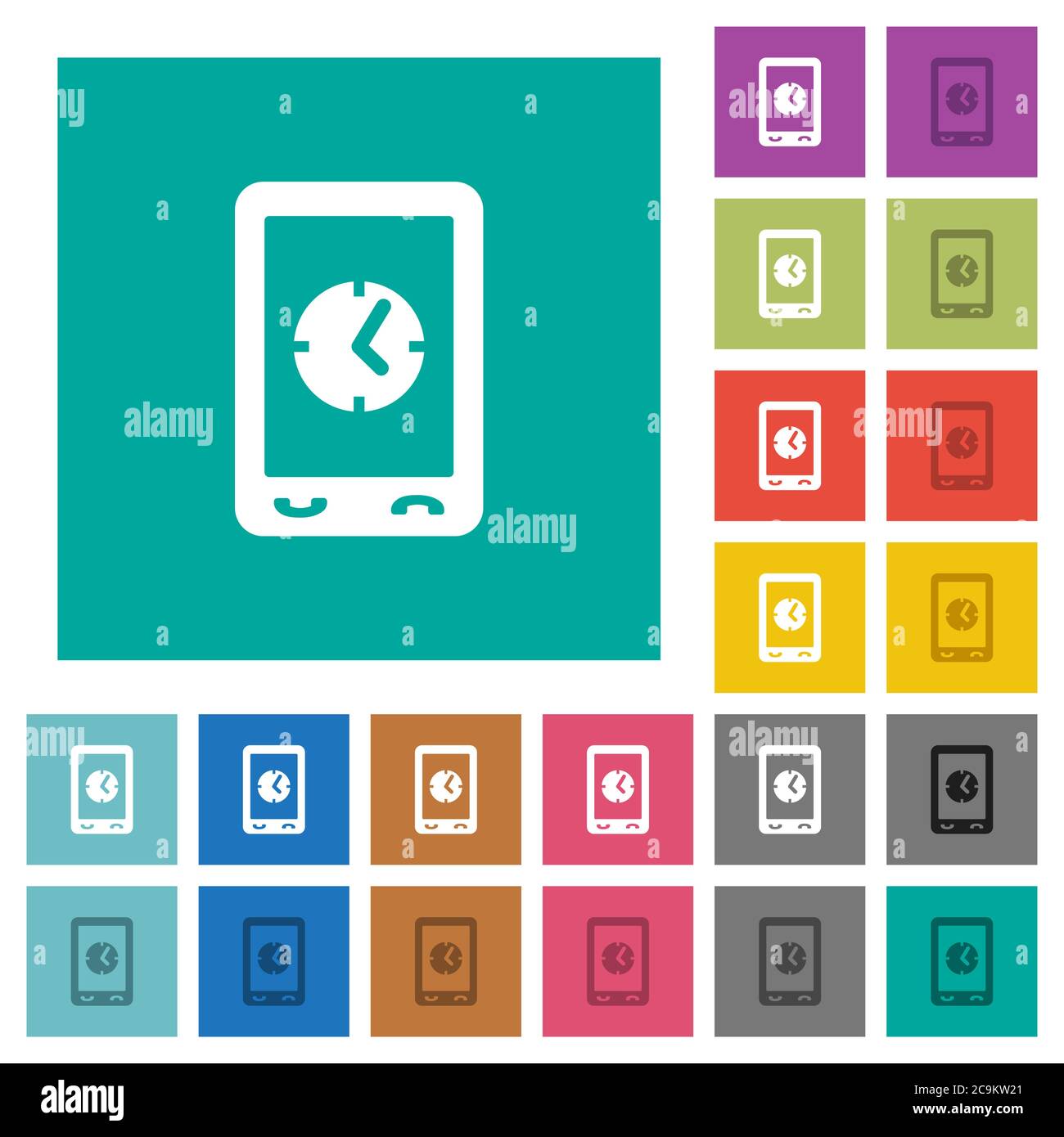 Mobile clock multi colored flat icons on plain square backgrounds. Included white and darker icon variations for hover or active effects. Stock Vector